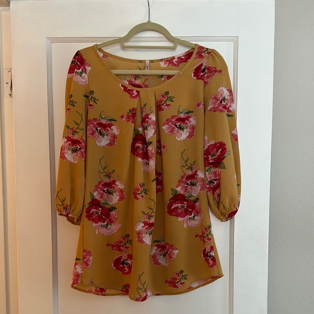 Floral Print Women's Top - Mustard, pink, and red